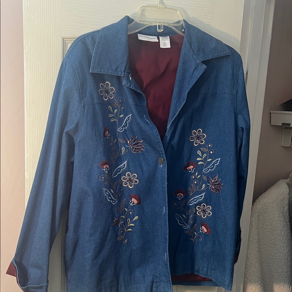Alfred Dunner Embroidered Dark Blue Denim Jacket with Maroon Lining